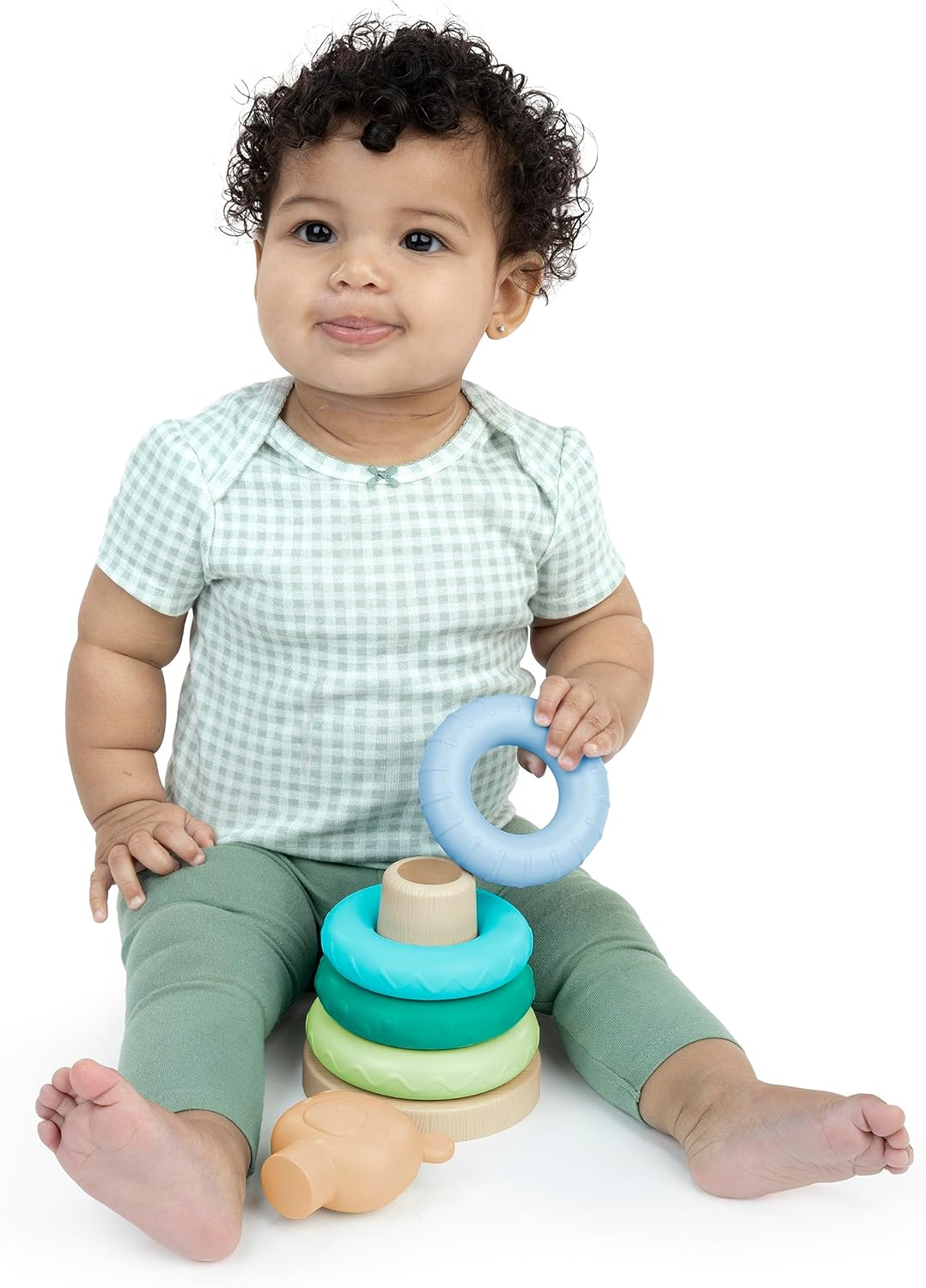 Cutie Stacks, 4 BPA-Free Rings, Faux Wood Stand, Bear Topper, Unisex, for Ages 6 Months and Up - Nate