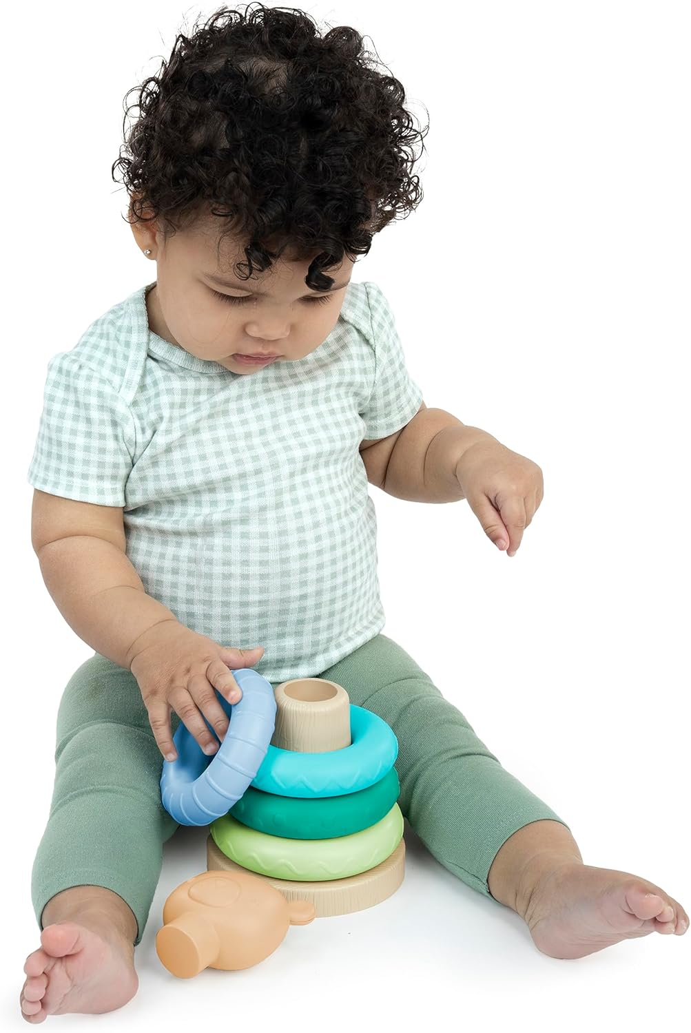 Cutie Stacks, 4 BPA-Free Rings, Faux Wood Stand, Bear Topper, Unisex, for Ages 6 Months and Up - Nate